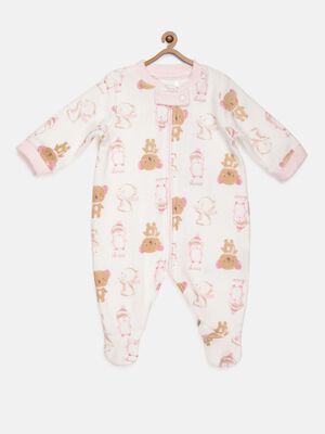 White-Pink Fleece Babysuit-Front Opening